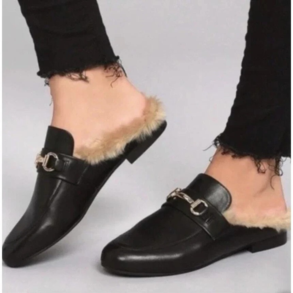 Steve Madden Black Leather Fur-Lined Backless Loafers